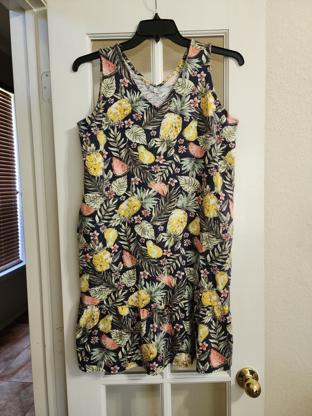 J.Jill Tropical Fruit Print Flounced Hem Double V Neck Dress M